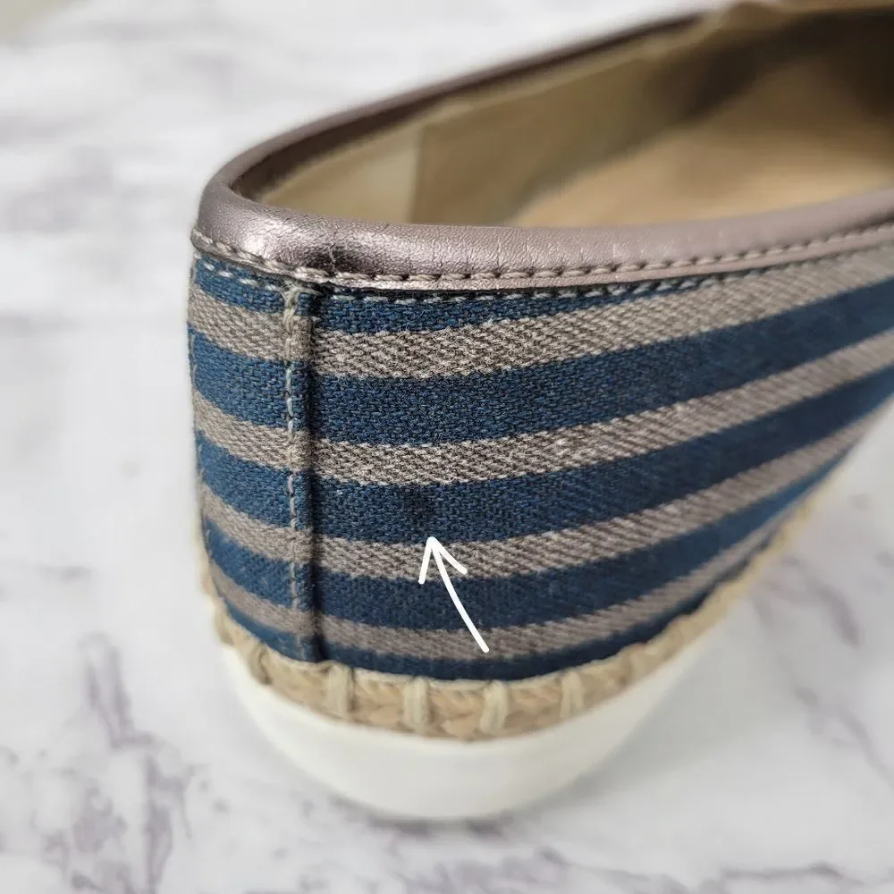 Anne Klein Stripe Blue Canvas Espadrilles with Bee Beaded Embroidery Flats Shoes
